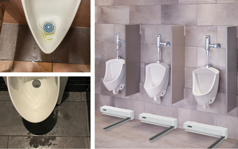 Whiz Wiper device illustration showing cleaning action near a urinal